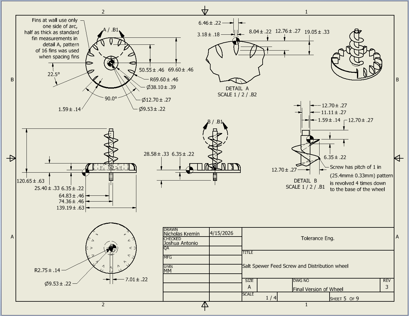 Engineering drawing of feed screw and distribution wheel with dimensional tolerances